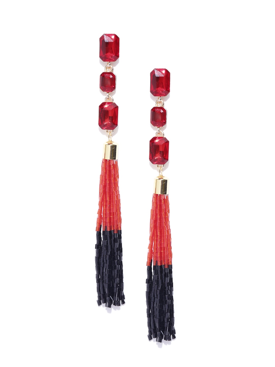 

Jewels Galaxy Red & Black Gold-Plated Handcrafted Tasselled Contemporary Drop Earrings
