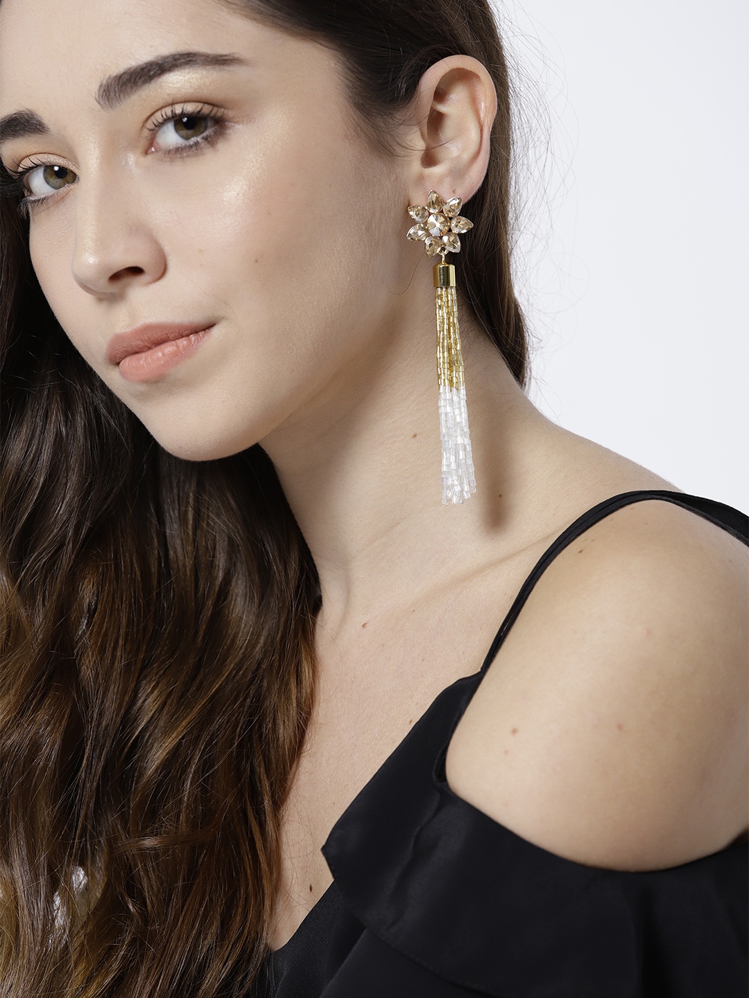 

Jewels Galaxy White Gold-Plated Handcrafted Tasselled Floral Drop Earrings