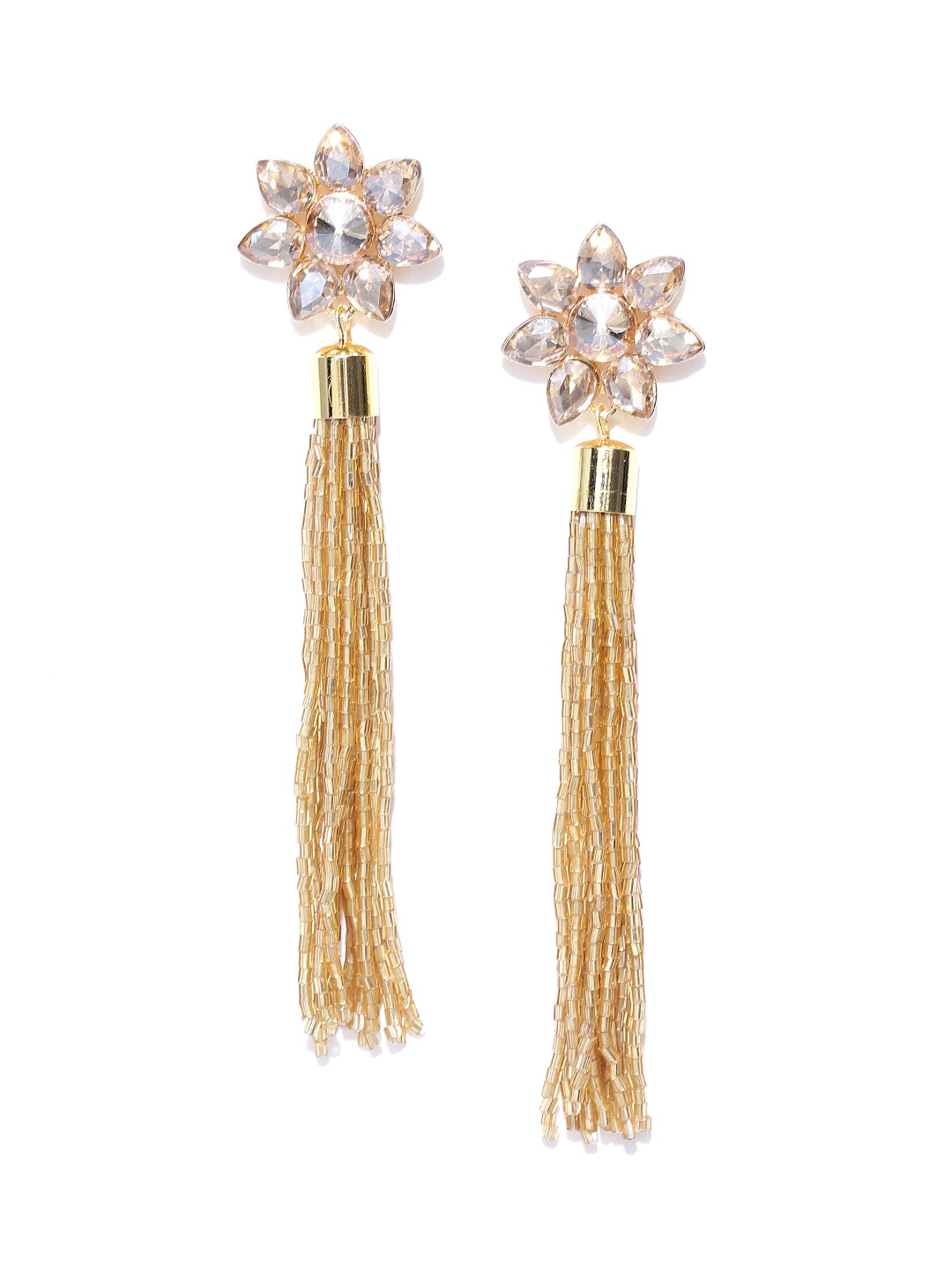 

Jewels Galaxy Gold-Plated Stone-Studded Handcrafted Tasselled Floral Drop Earrings
