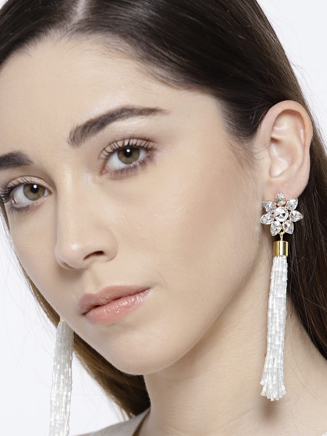 

Jewels Galaxy White Gold-Plated Stone-Studded Handcrafted Tasselled Floral Drop Earrings