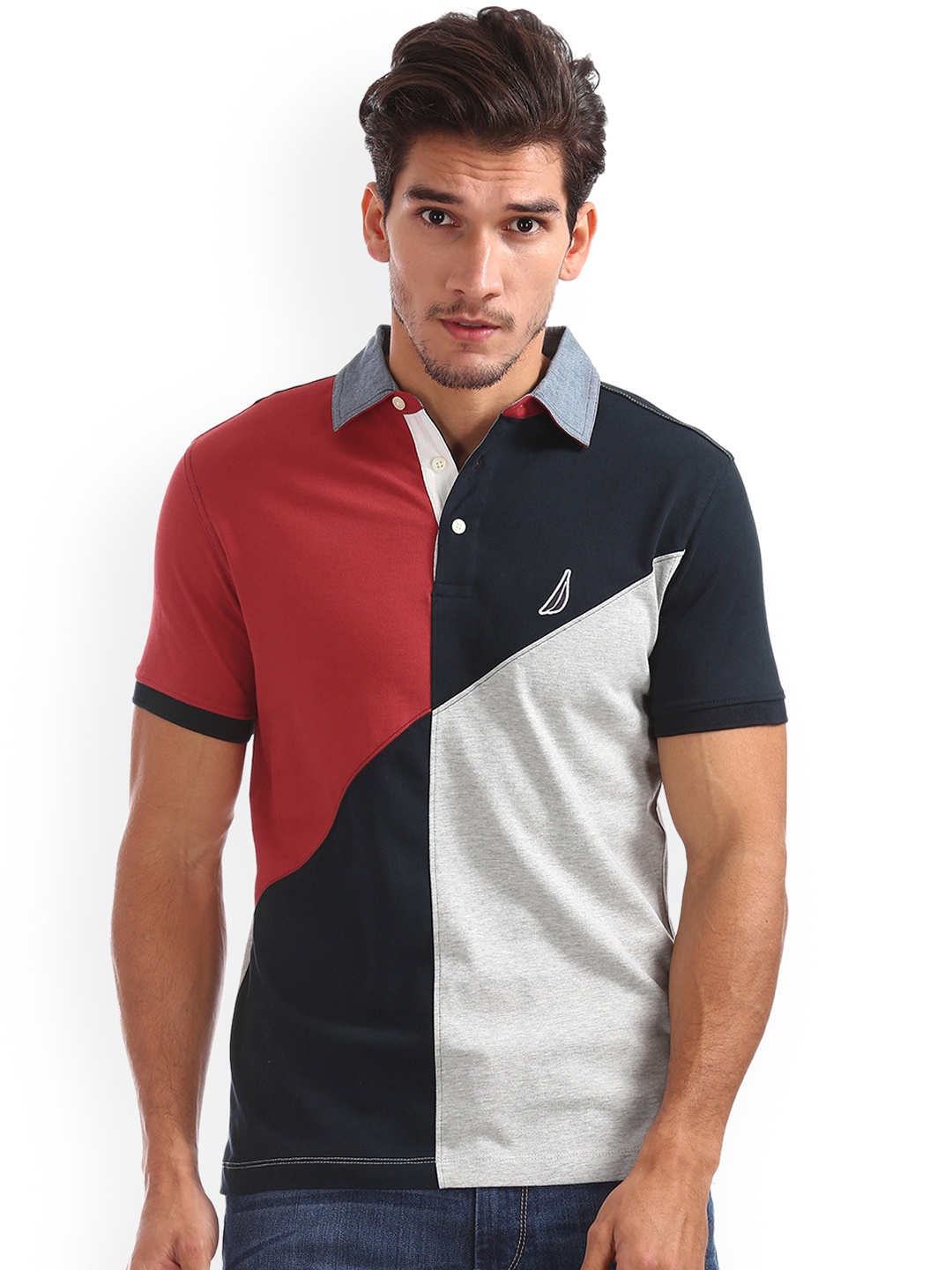 

Nautica Men Red Colourblocked Slim Fit Polo Collar Pure Cotton T-shirt