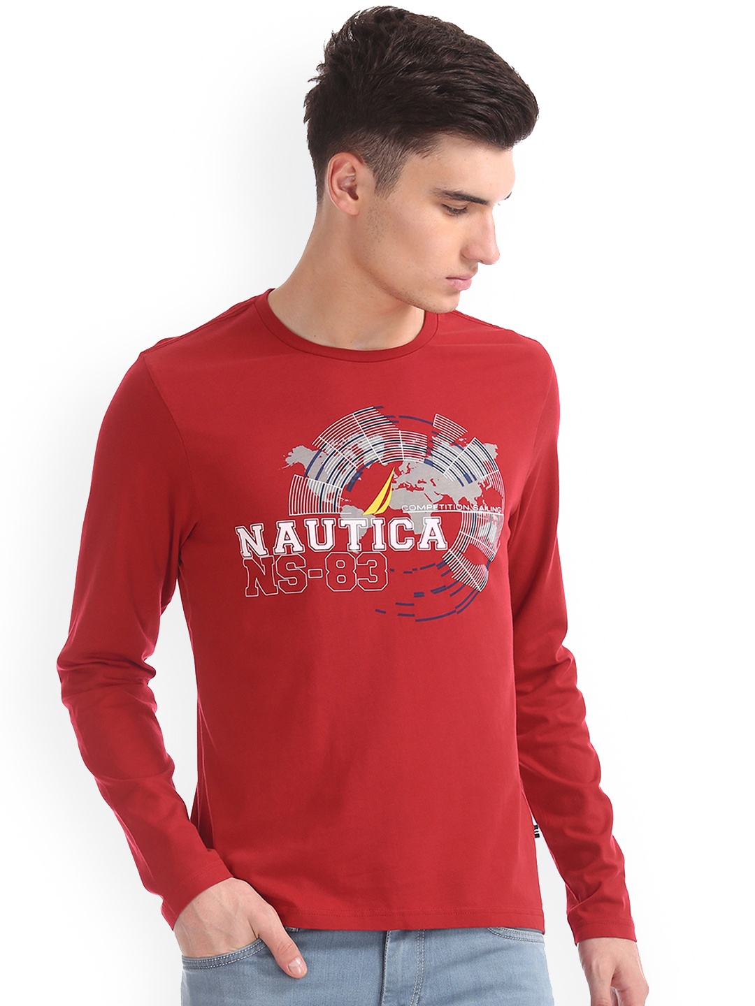 

Nautica Men Red Printed Slim Fit Round Neck Pure Cotton T-shirt