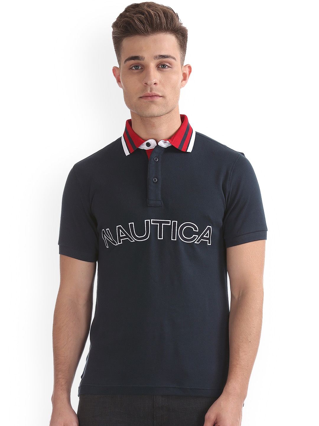 

Nautica Men Navy Blue Printed Slim Fit Polo Collar Pure Cotton T-shirt