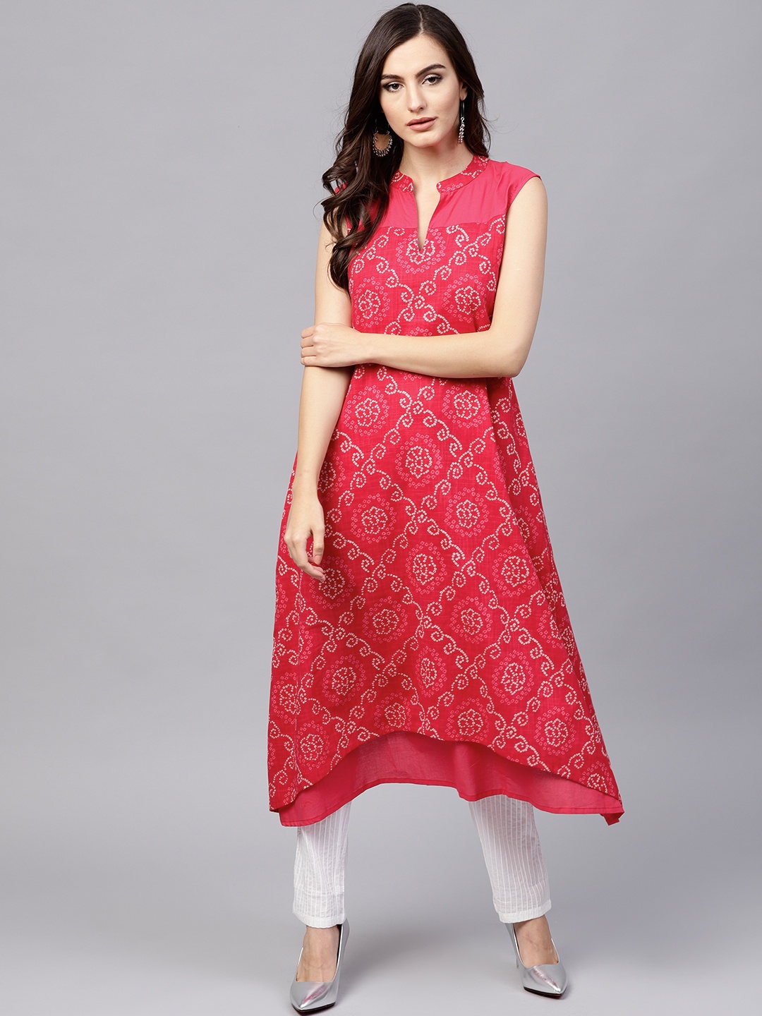 

AKS Women Red Bandhani Print Layered A-Line Kurta