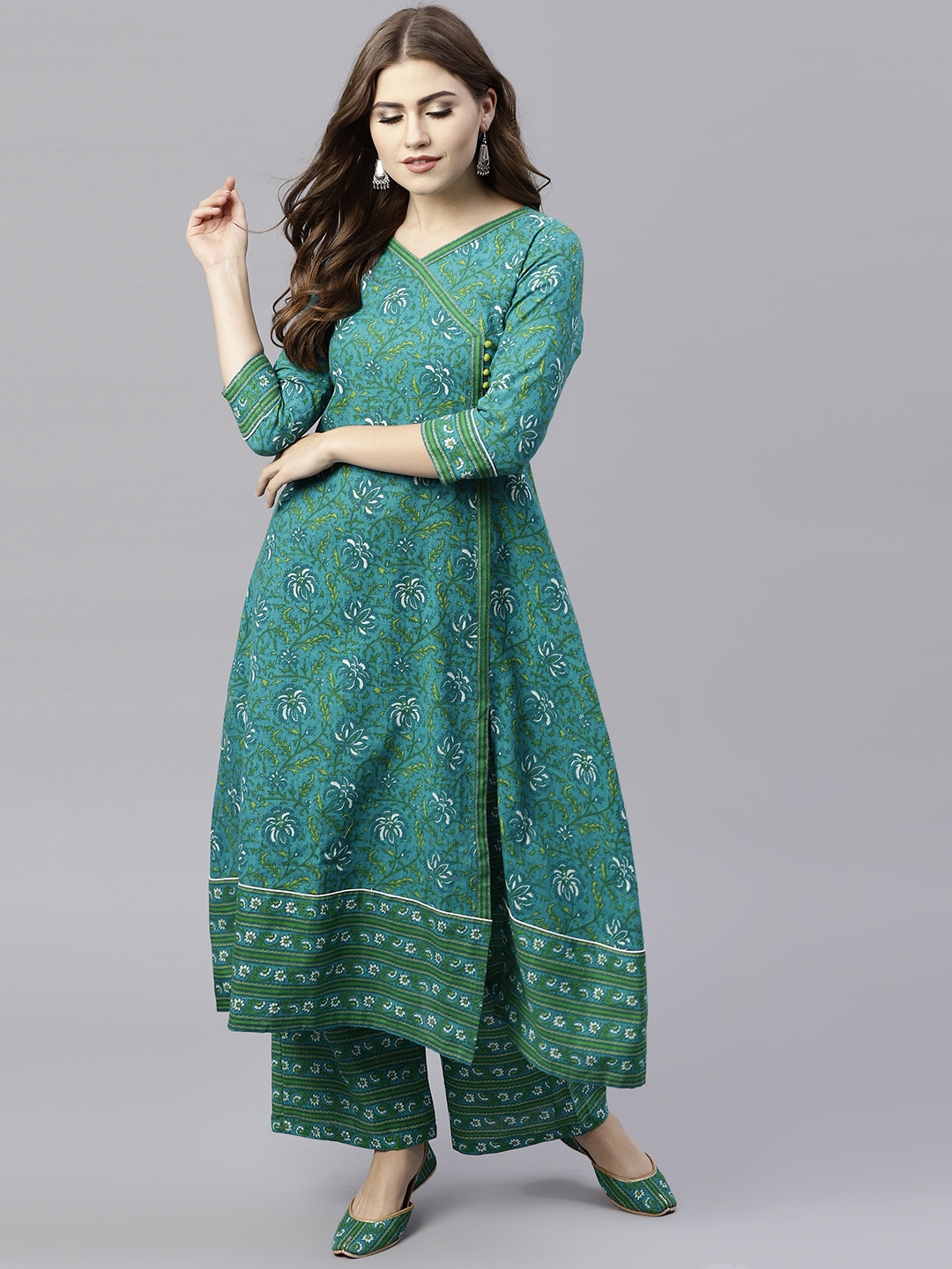 

AKS Women Green Printed A-Line Angrakha Kurta