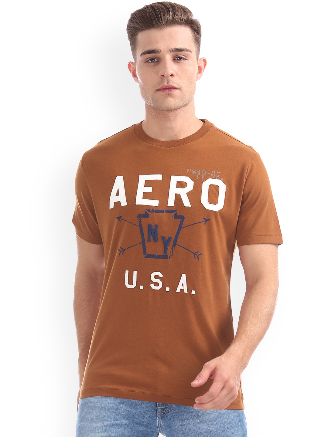 

Aeropostale Men Brown Off White Embroidered Round Neck Pure Cotton T-shirt