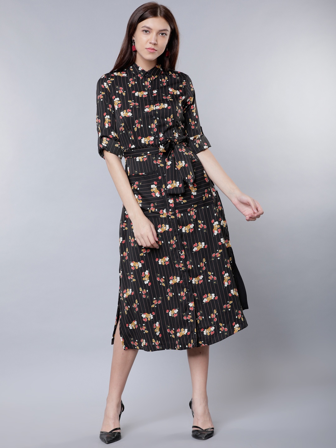 

Tokyo Talkies Women Black Printed Shirt Dress