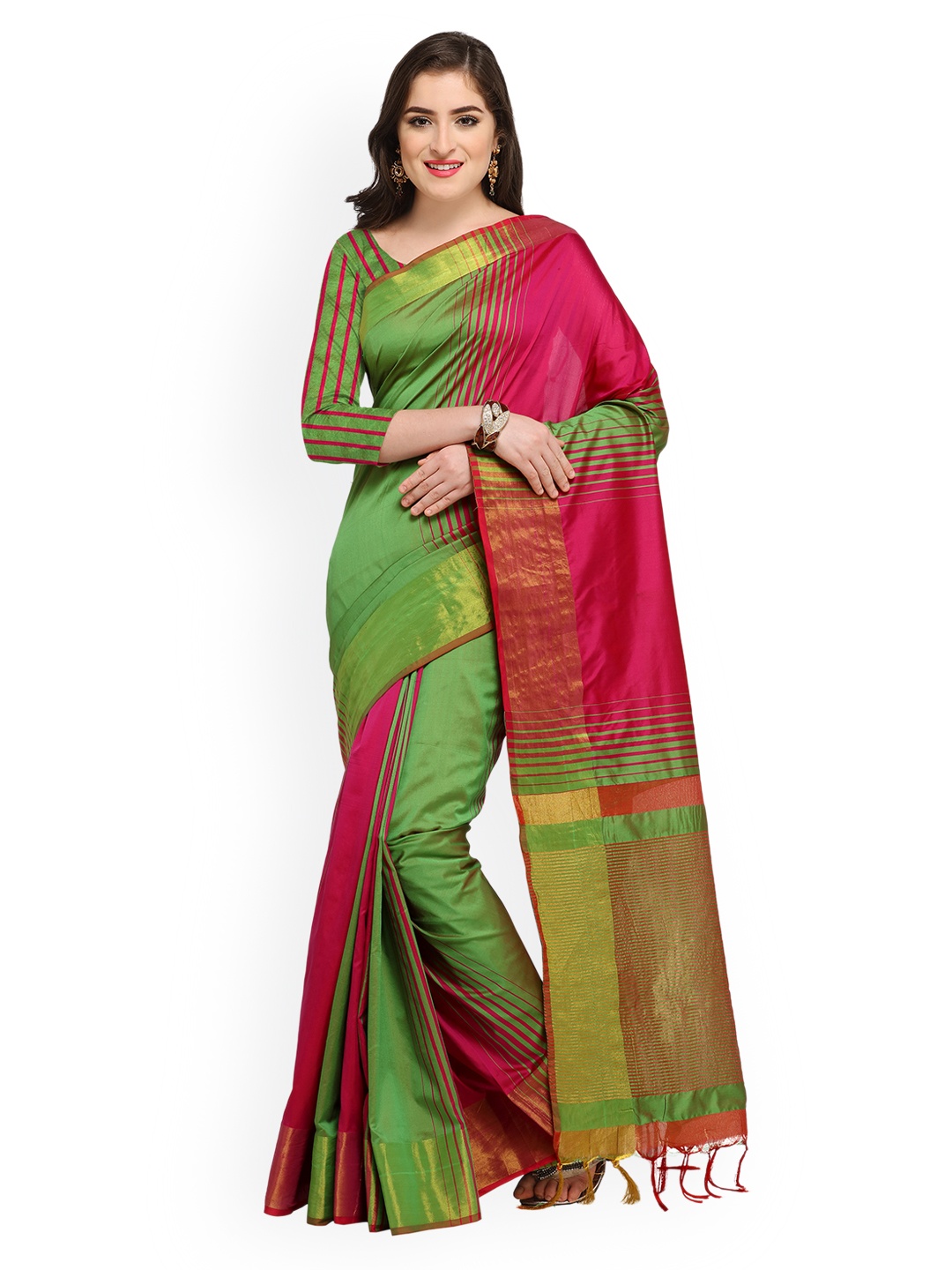 

Blissta Green & Pink Silk Cotton Colourblocked Saree