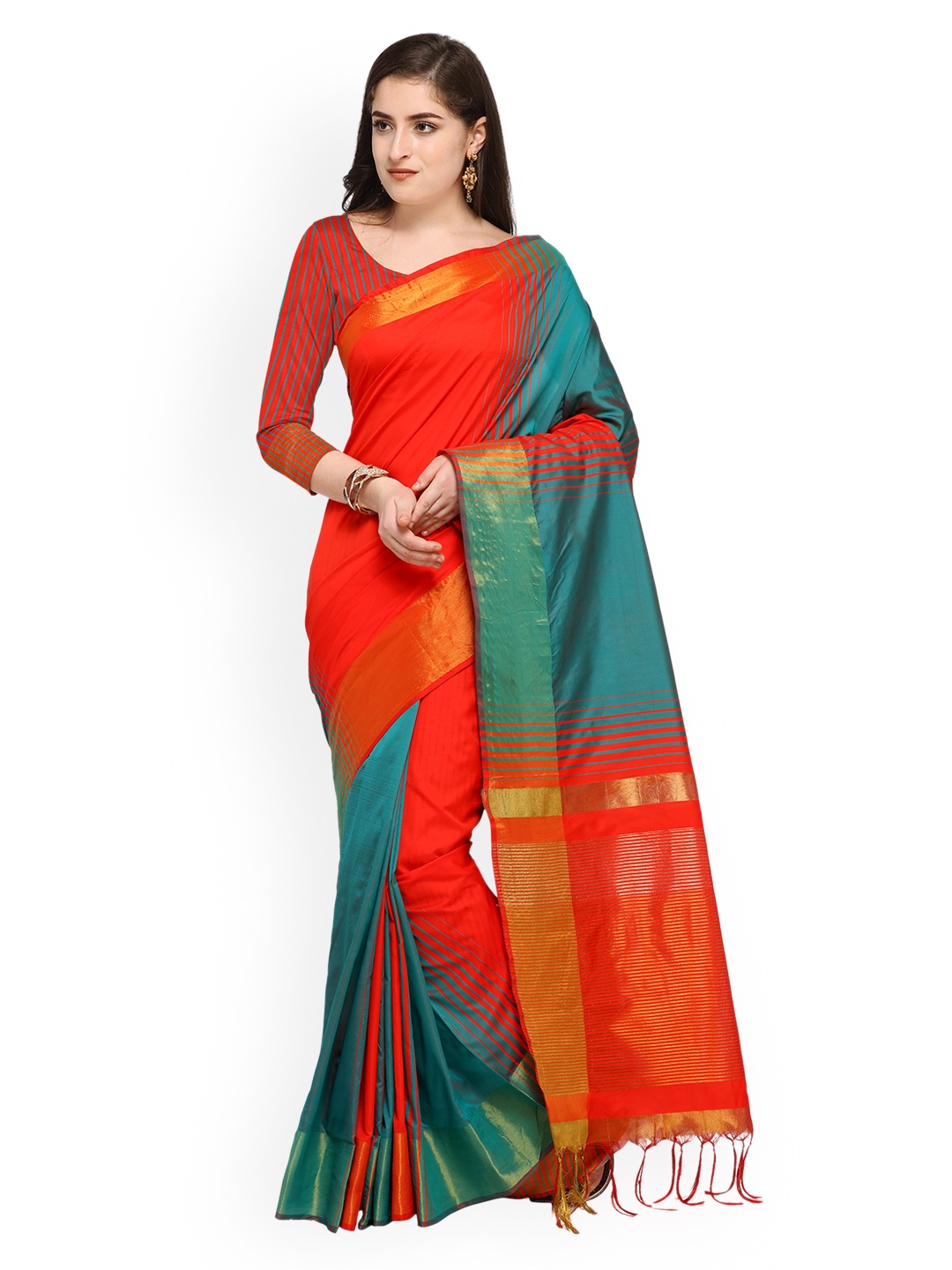 

Blissta Teal & Red Silk Cotton Colourblocked Saree