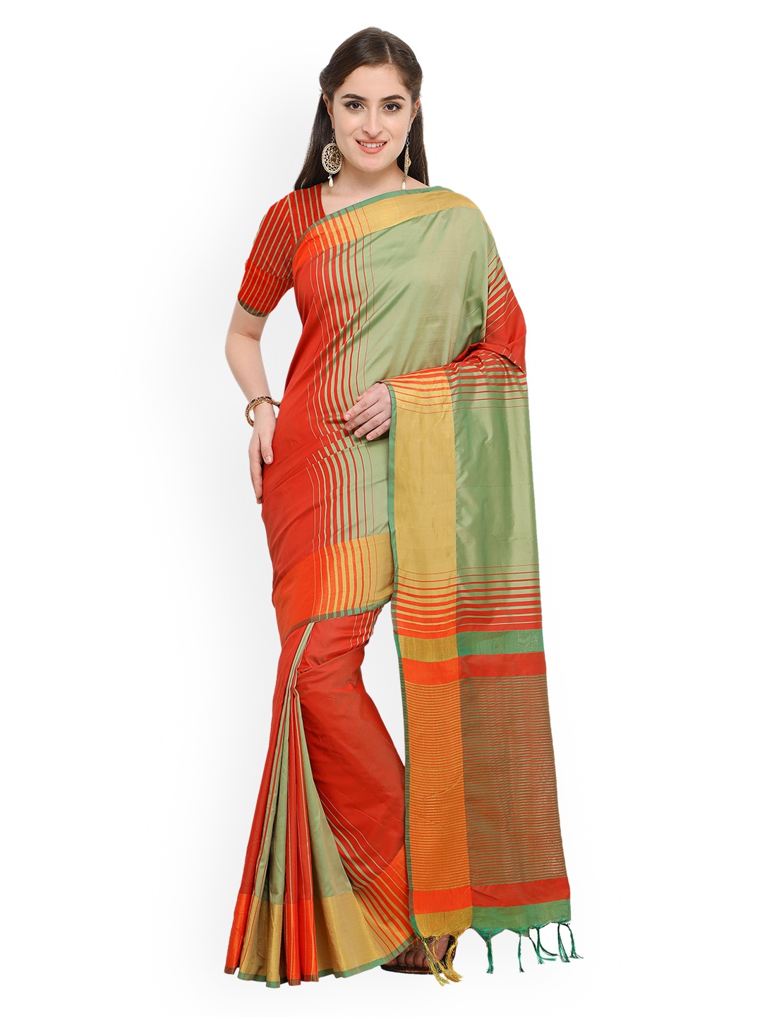 

Blissta Green & Orange Silk Cotton Colourblocked Saree