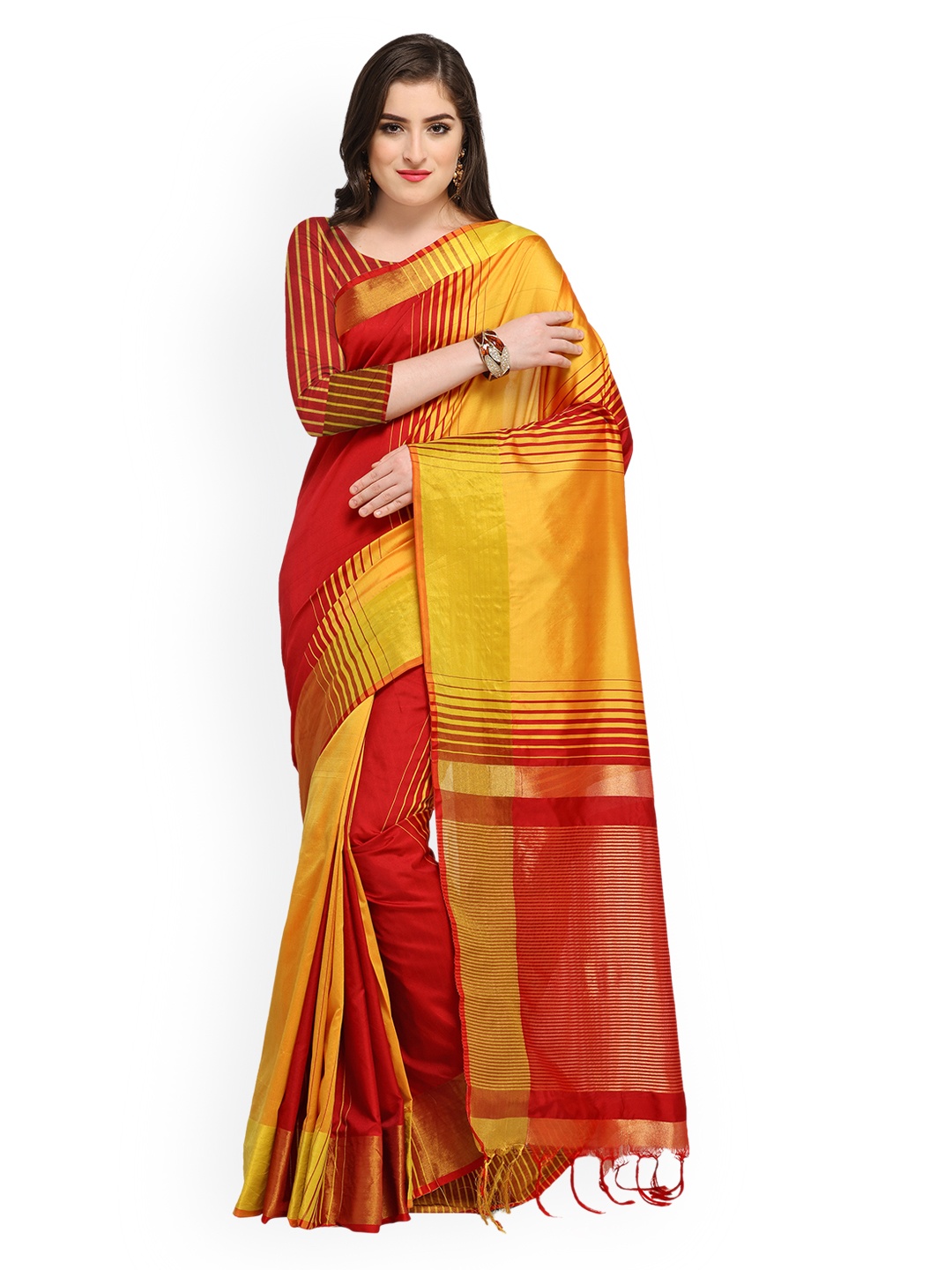

Blissta Yellow & Red Silk Cotton Striped Saree
