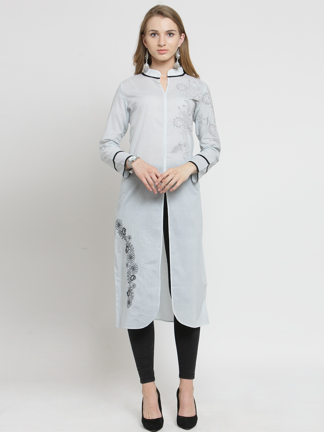

Moedbuille Women Grey & Black Handmade Chikankari Embroidered A-Line Kurta