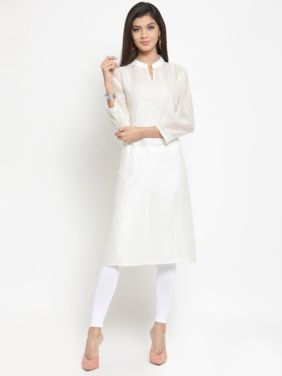 

Moedbuille Women Champagne Embellished Chikankari Embroidered A-Line Kurta