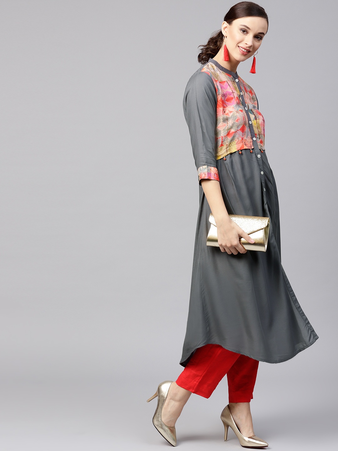 

Shree Women Charcoal Grey Yoke Design A-Line Kurta
