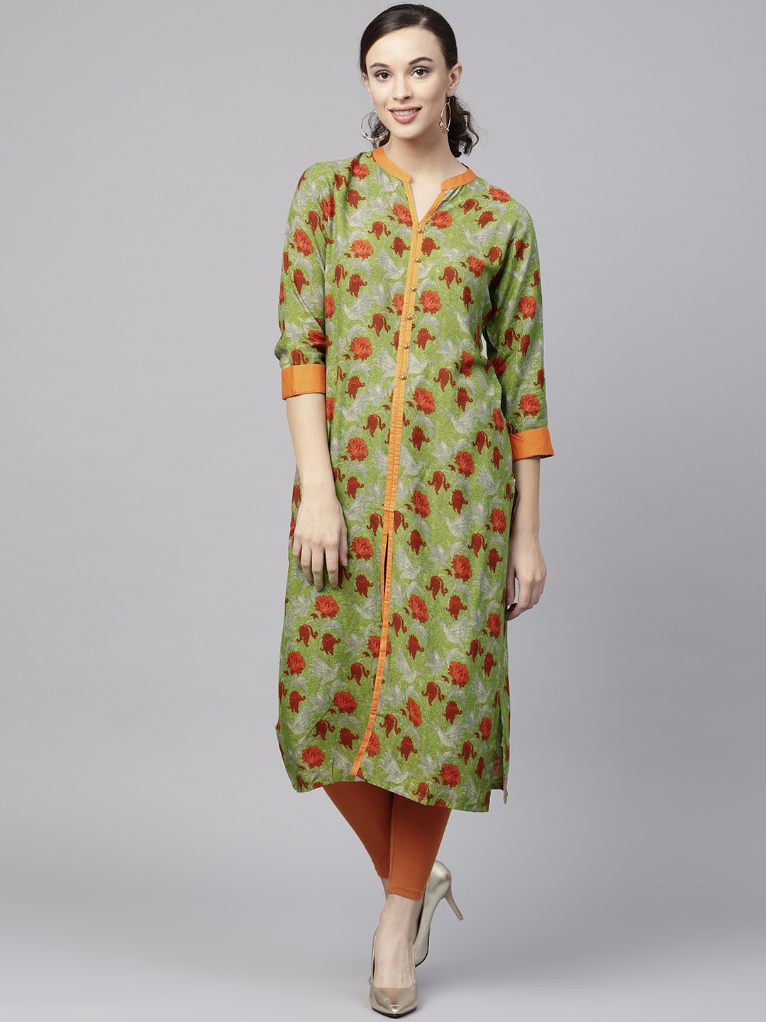 

Shree Women Green & Orange Printed Straight Kurta