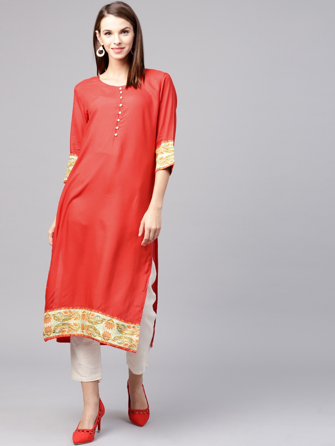 

Shree Women Red Solid Straight Kurta