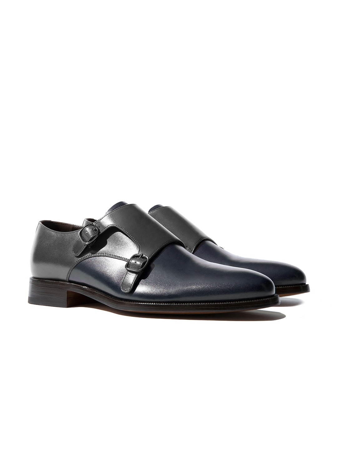 

Rapawalk Grey & Blue Handcrafted Standard Width Leather Monks, Navy blue