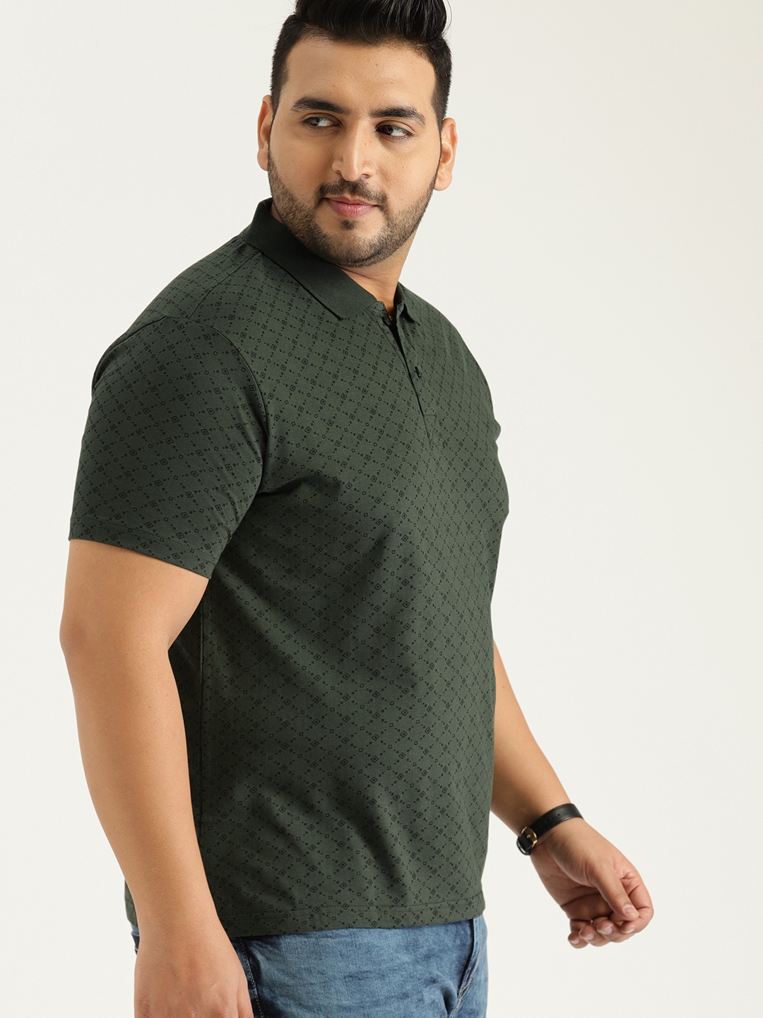 

Sztori Men Plus Size Green & Black Printed Pure Cotton Polo Collar T-shirt