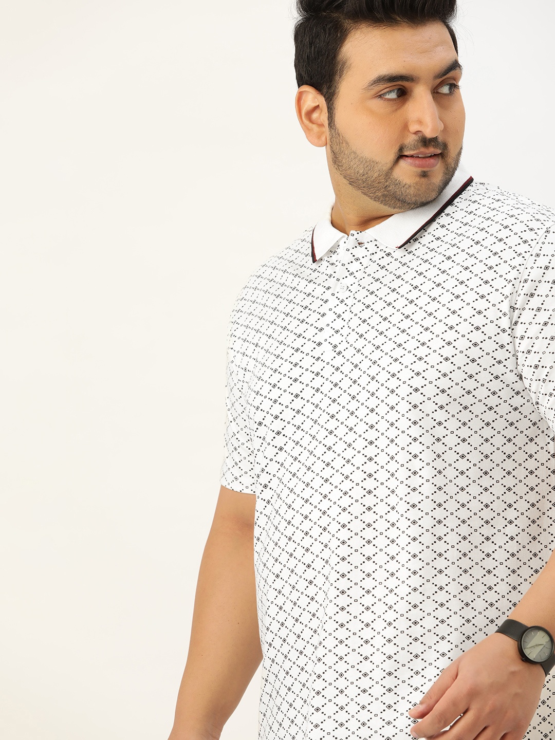 Sztori Men Plus Size White & Black Printed Cotton Polo Collar T-shirt