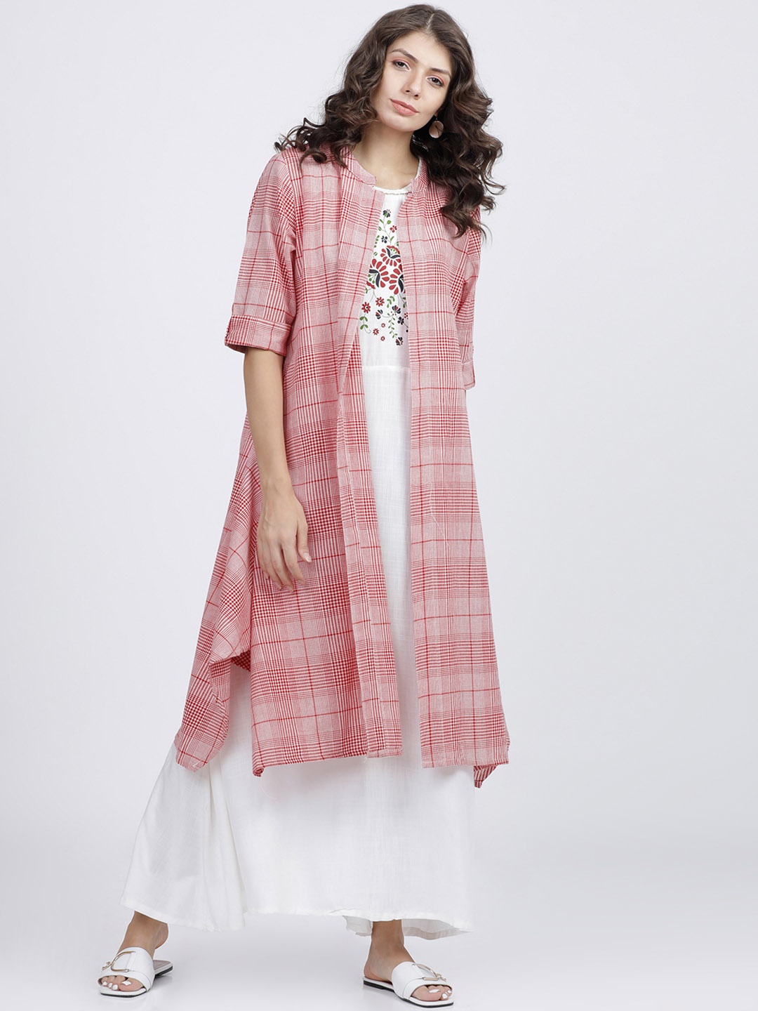 

Vishudh Women Red and White Printed A-Line Dress with jacket