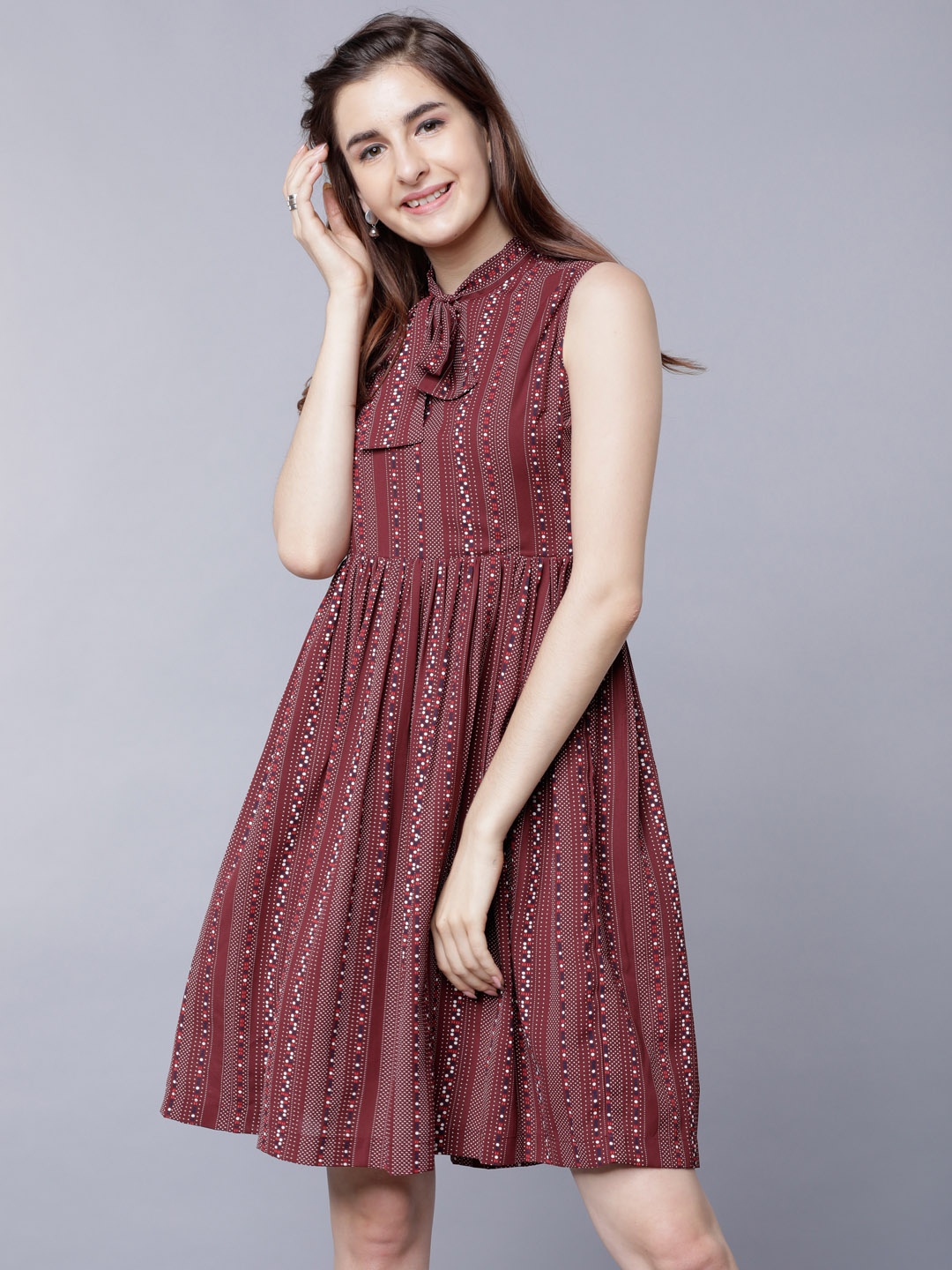 

Tokyo Talkies Women Maroon Printed Fit and Flare Dress