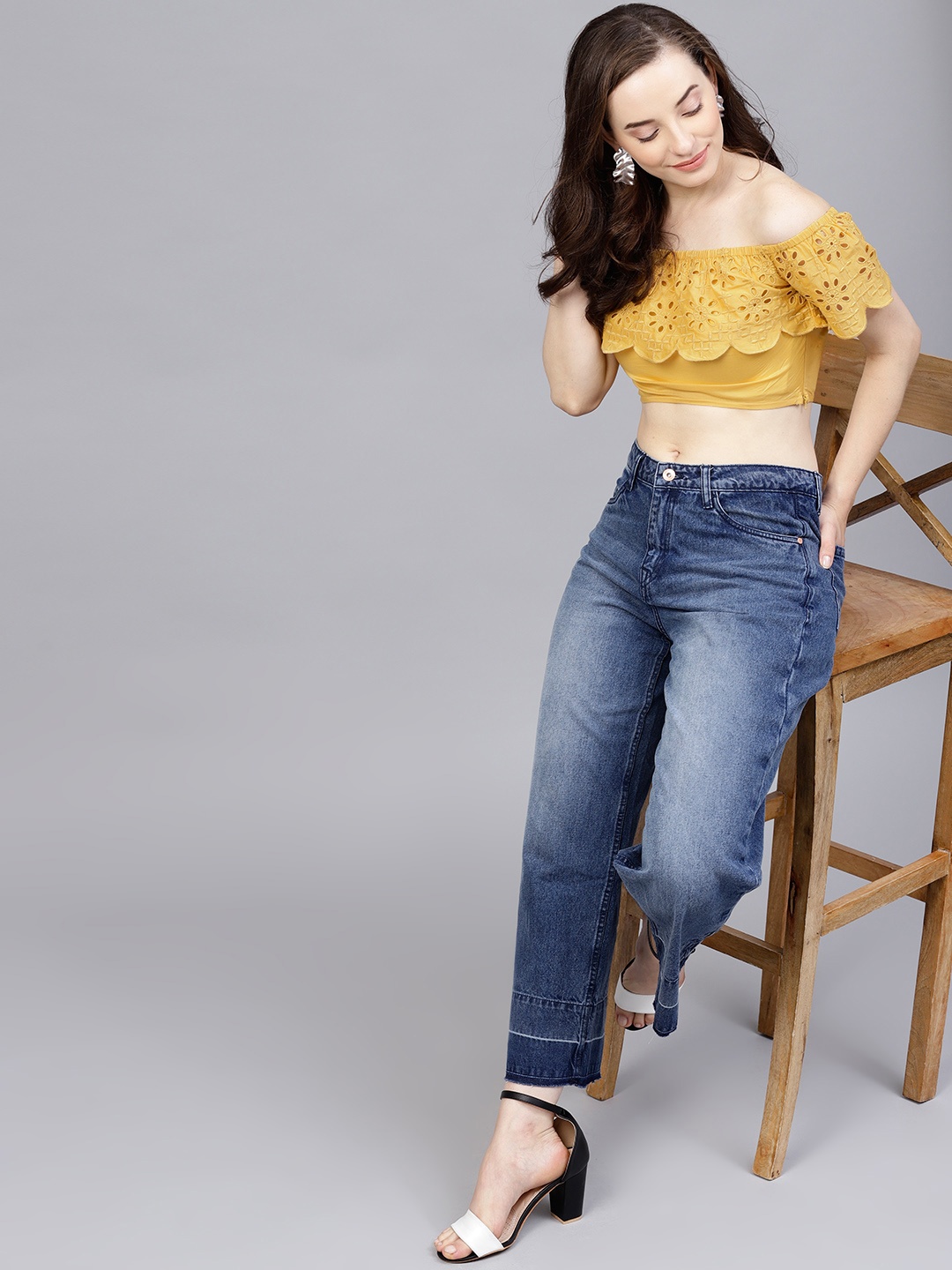 

STREET 9 Women Mustard Yellow Schiffli Embroidered Crop Bardot Top