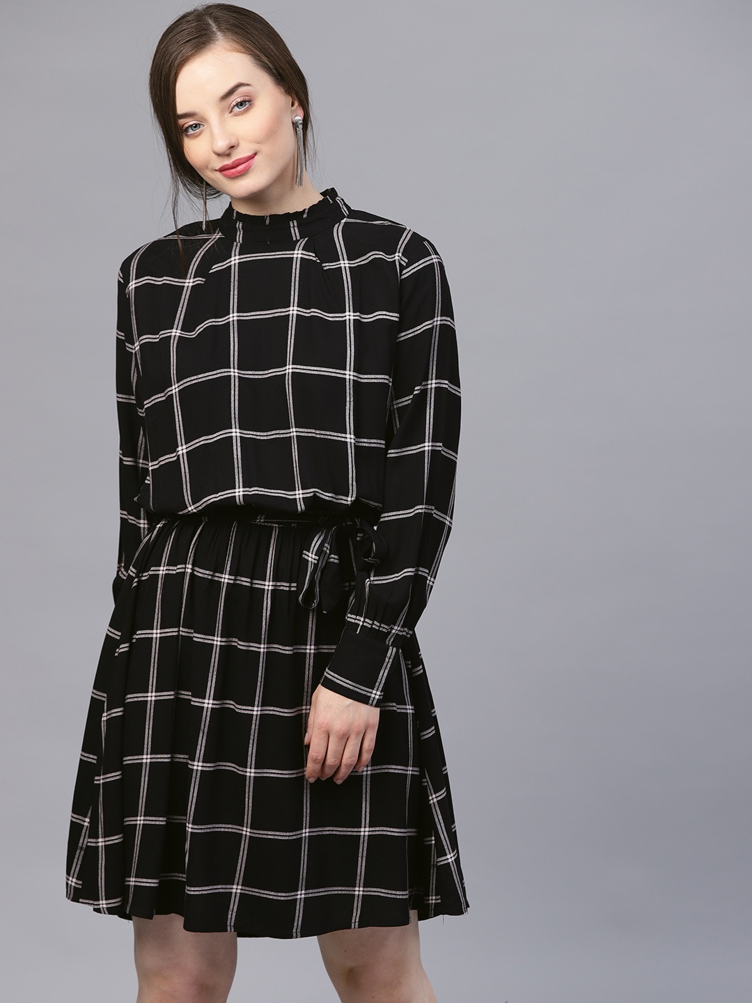 

STREET 9 Women Black & Grey Checked Blouson Dress