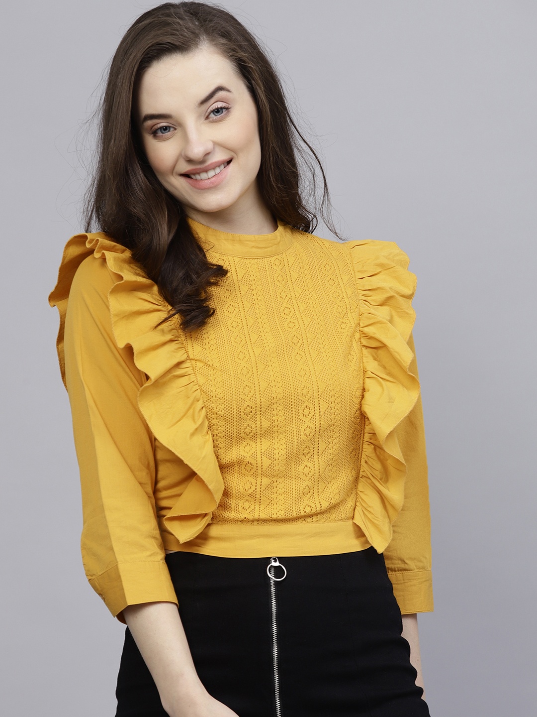 

STREET 9 Mustard Yellow Self-Design Pure Cotton Top with Ruffle Detail
