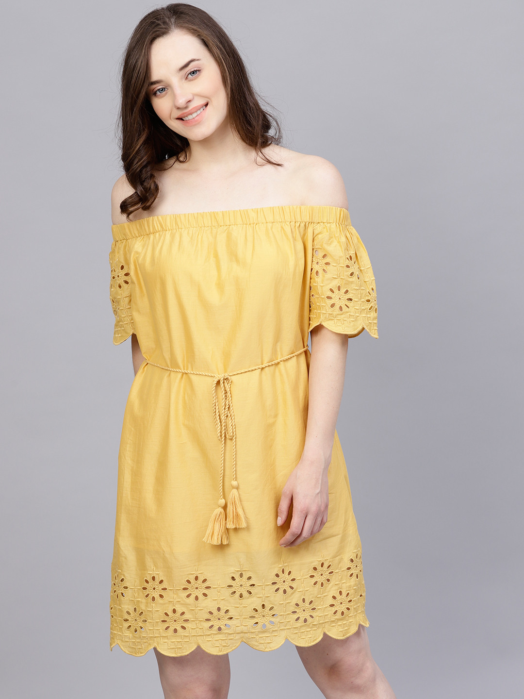 

STREET 9 Women Yellow Solid Off-Shoulder A-Line Dress