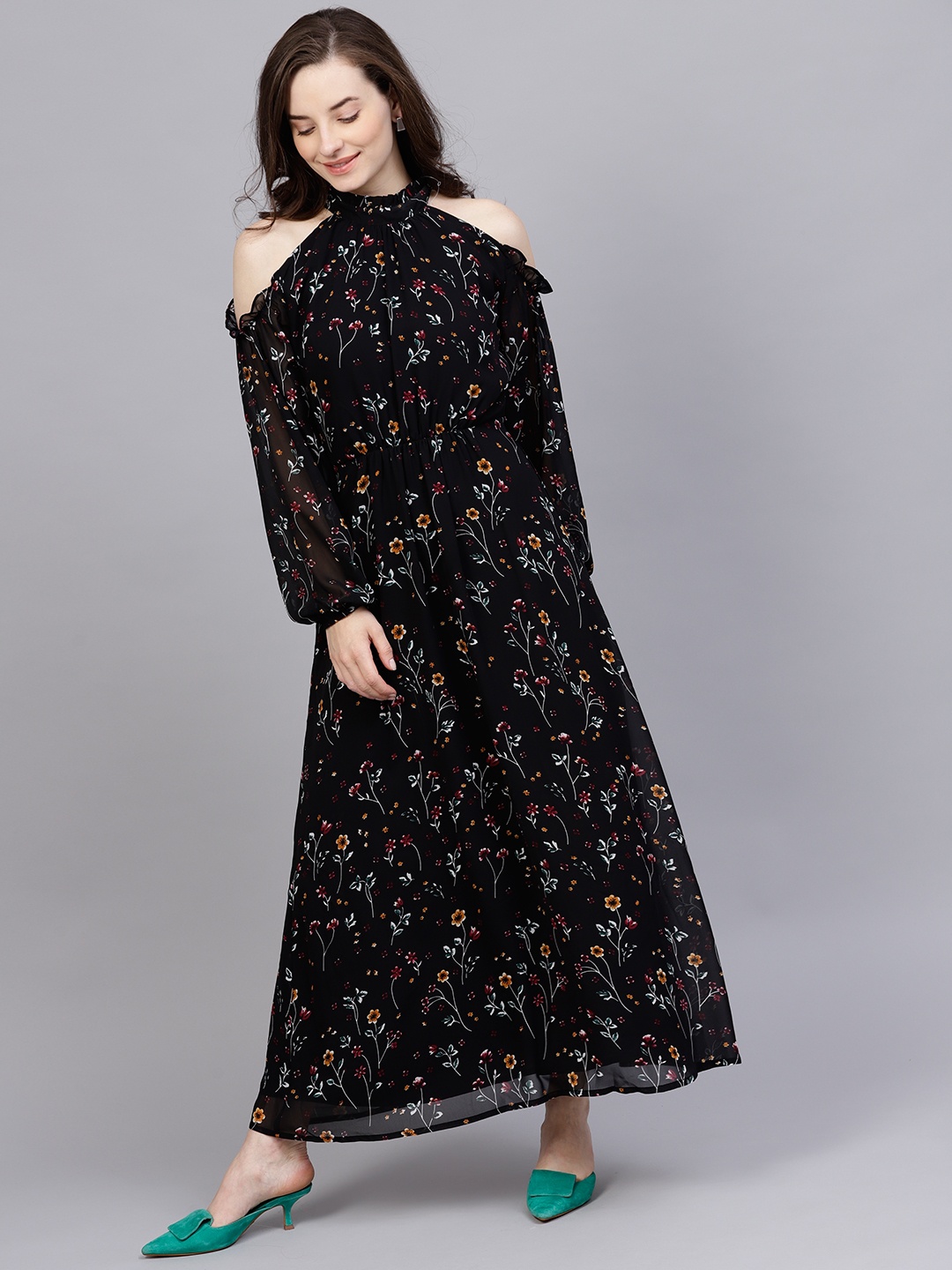 

STREET 9 Women Black Printed Cold-Shoulder Maxi Dress