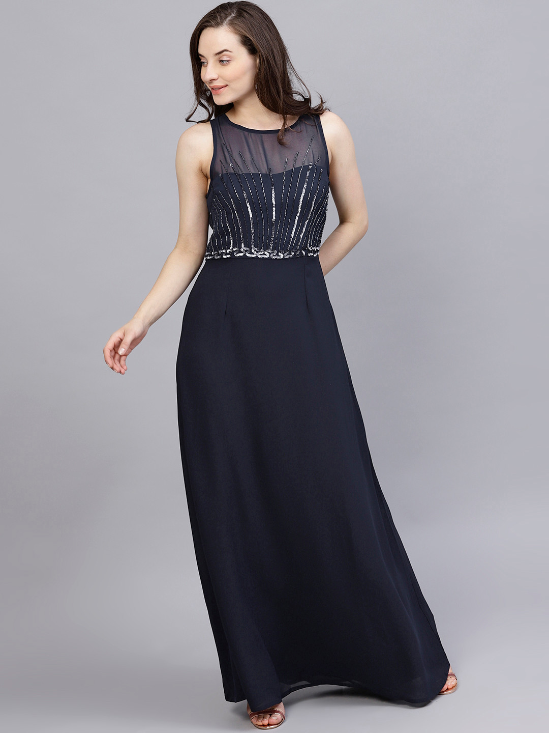 

STREET 9 Women Navy Embellished Maxi Dress, Navy blue