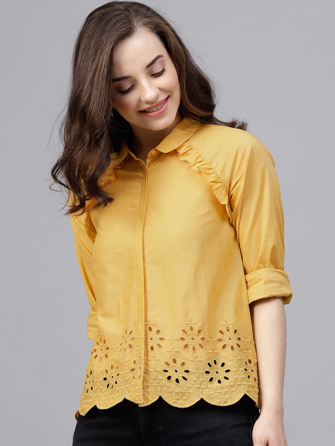 

STREET 9 Women Mustard Yellow Regular Fit Schiffli Embroidery Casual Shirt