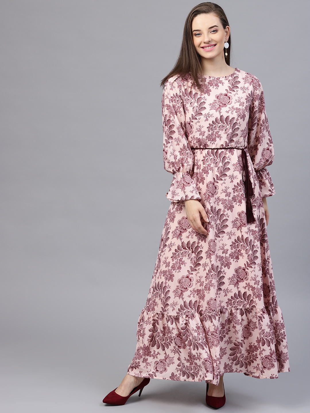 

STREET 9 Women Peach-Coloured & Burgundy Printed Maxi Dress