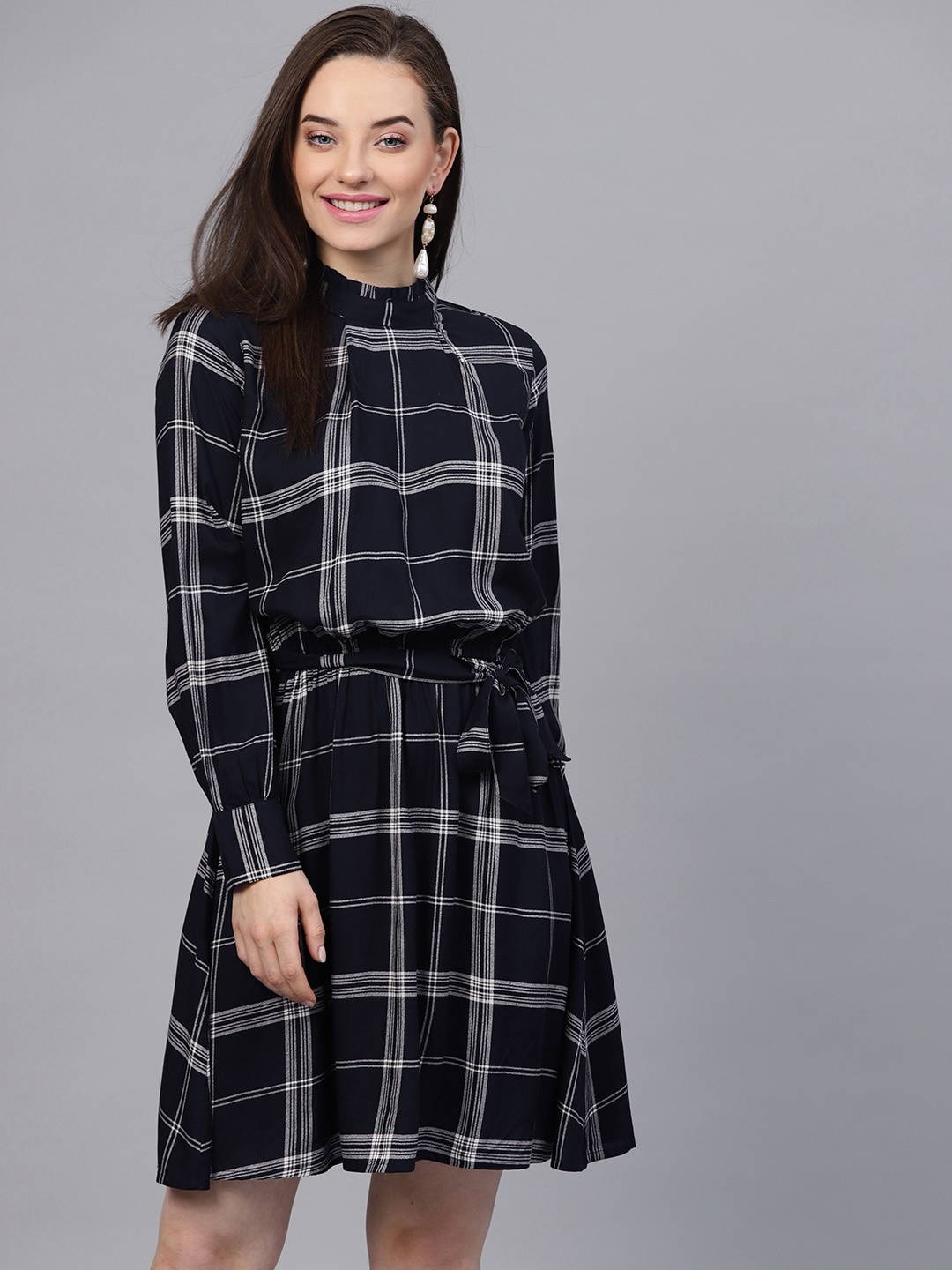 

STREET 9 Women Navy Blue Checked Blouson Dress