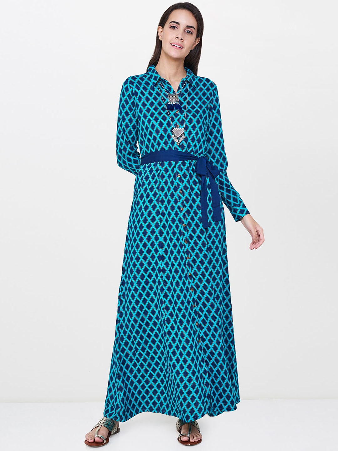 

Global Desi Women Blue Printed Maxi Dress