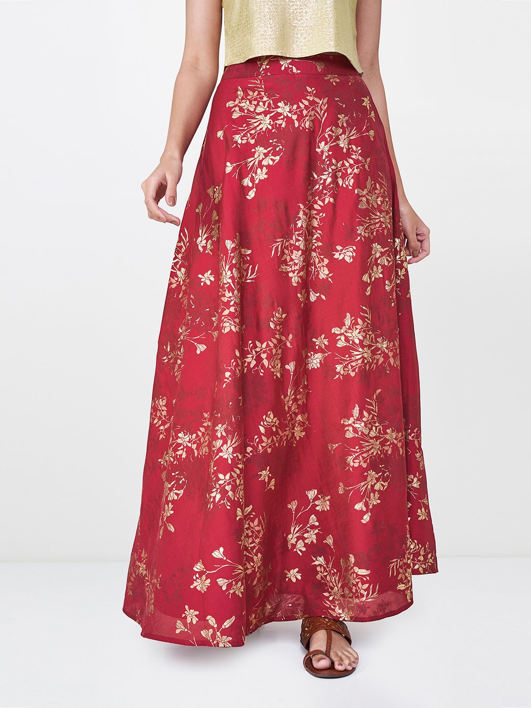 

Global Desi Women Red Foil Printed A-Line Maxi Skirt