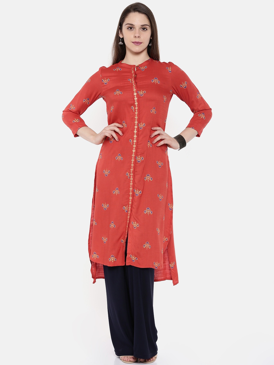 

Global Desi Women Rust Printed Straight High-Low Hem Kurta