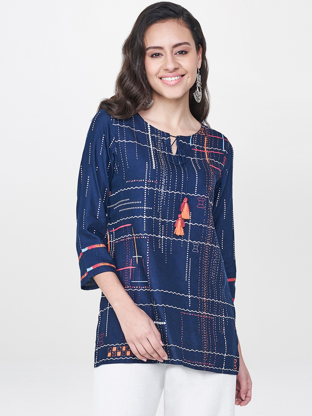 

Global Desi Women Navy Blue Printed Top