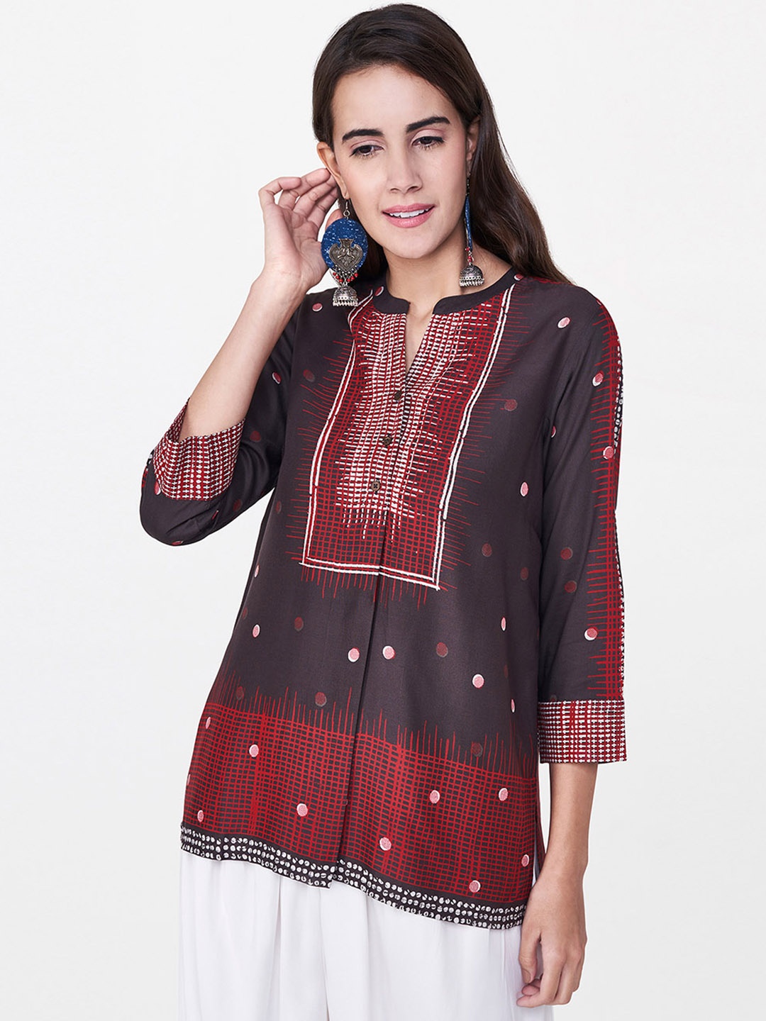 

Global Desi Women Charcoal Grey & Maroon Printed Top