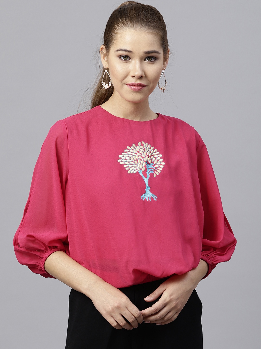 

Pannkh Women Pink Solid Blouson Top