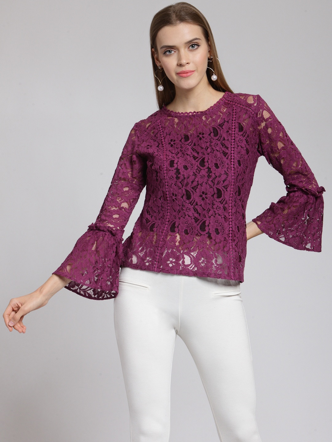 

plusS Women Purple Self Design Sheer Top