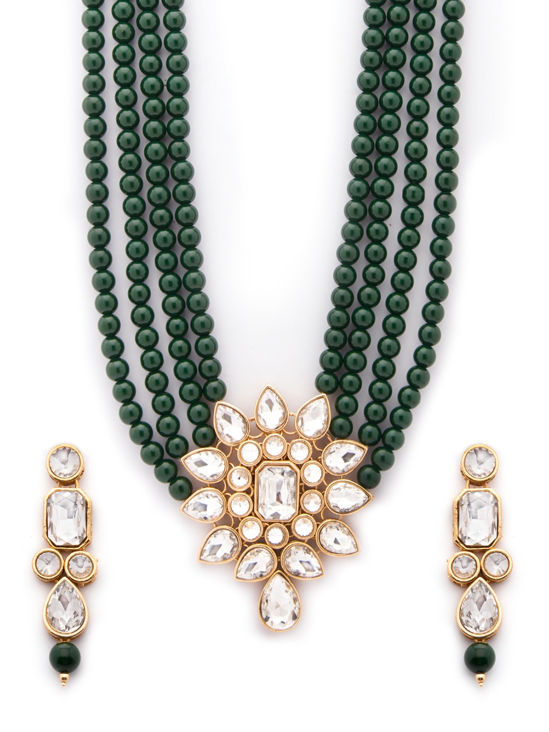 

Rubans Gold-Toned & Green Faux Emerald Beads Layered Kundan Necklace Set