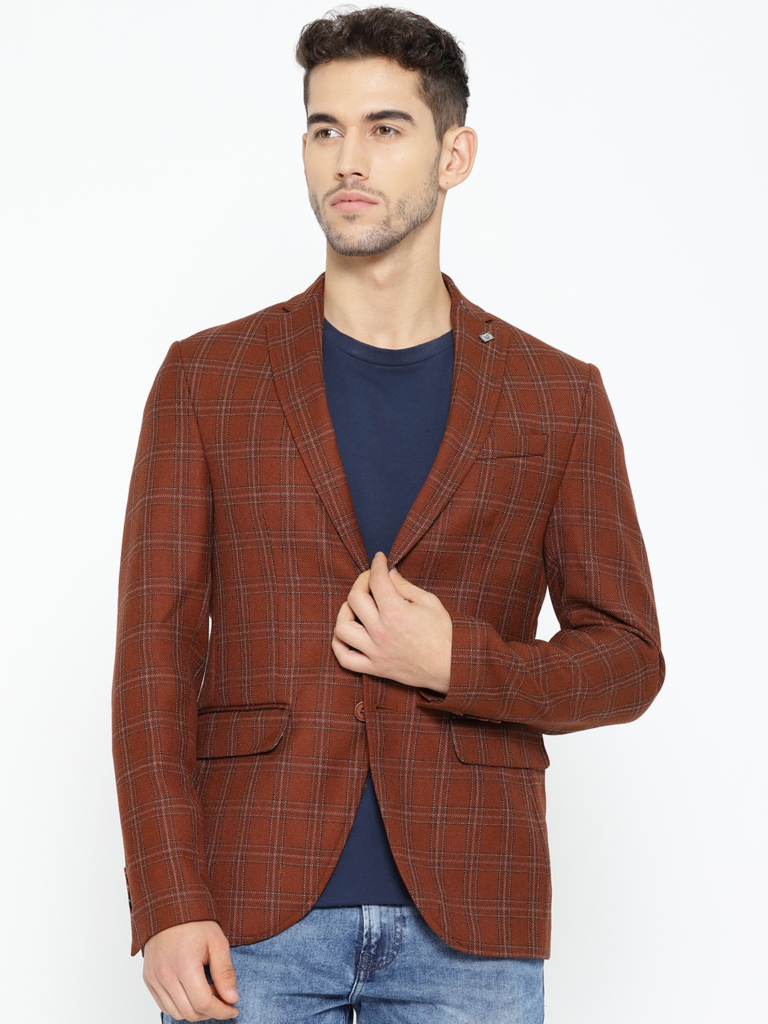 

Blackberrys Men Brown & Grey Checked Slim Fit Smart Casual Blazer