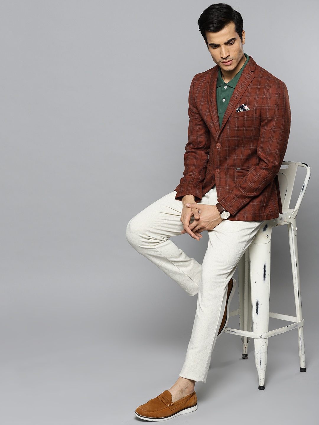 

Blackberrys Men Rust Brown Checked Slim Fit Single-breasted Casual Blazer