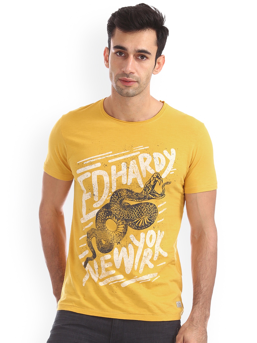 

Ed Hardy Men Yellow Printed Round Neck Pure Cotton T-shirt