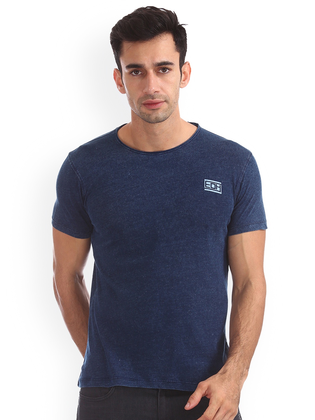 

Ed Hardy Men Blue Solid Round Neck Pure Cotton T-shirt