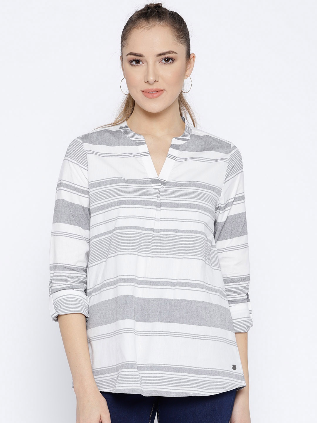 

U.S. Polo Assn. Women White & Grey Striped Pure Cotton Top