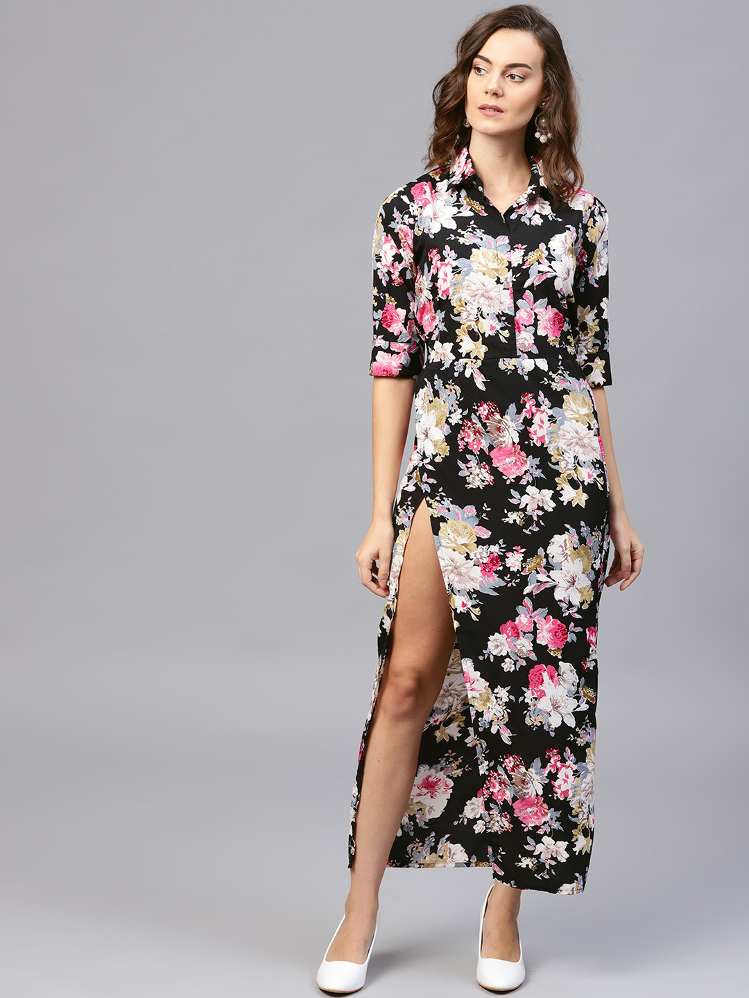 

aasi Women Black Printed Front Slit Maxi Dress