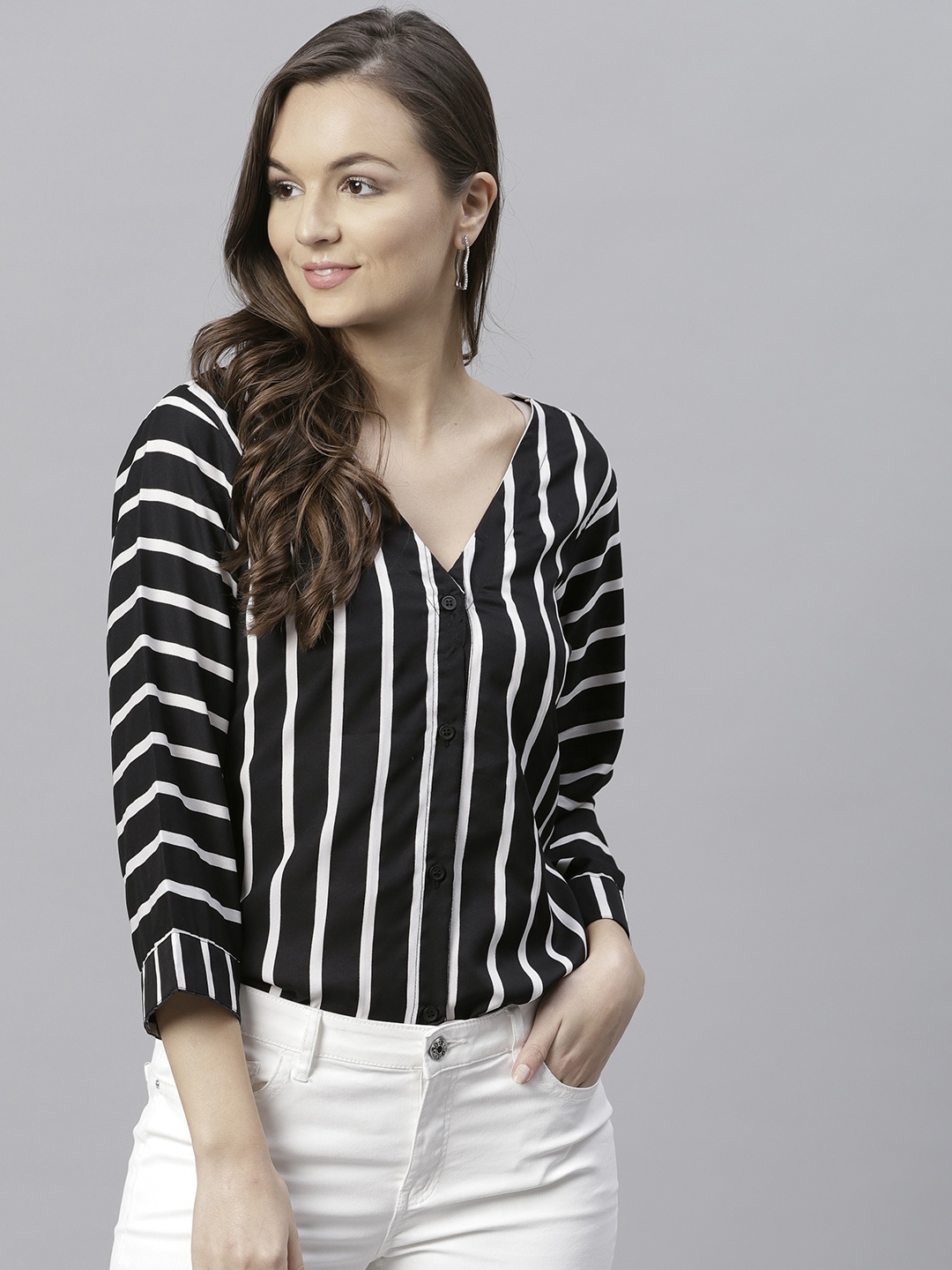 

aasi Women Black & White Striped Top