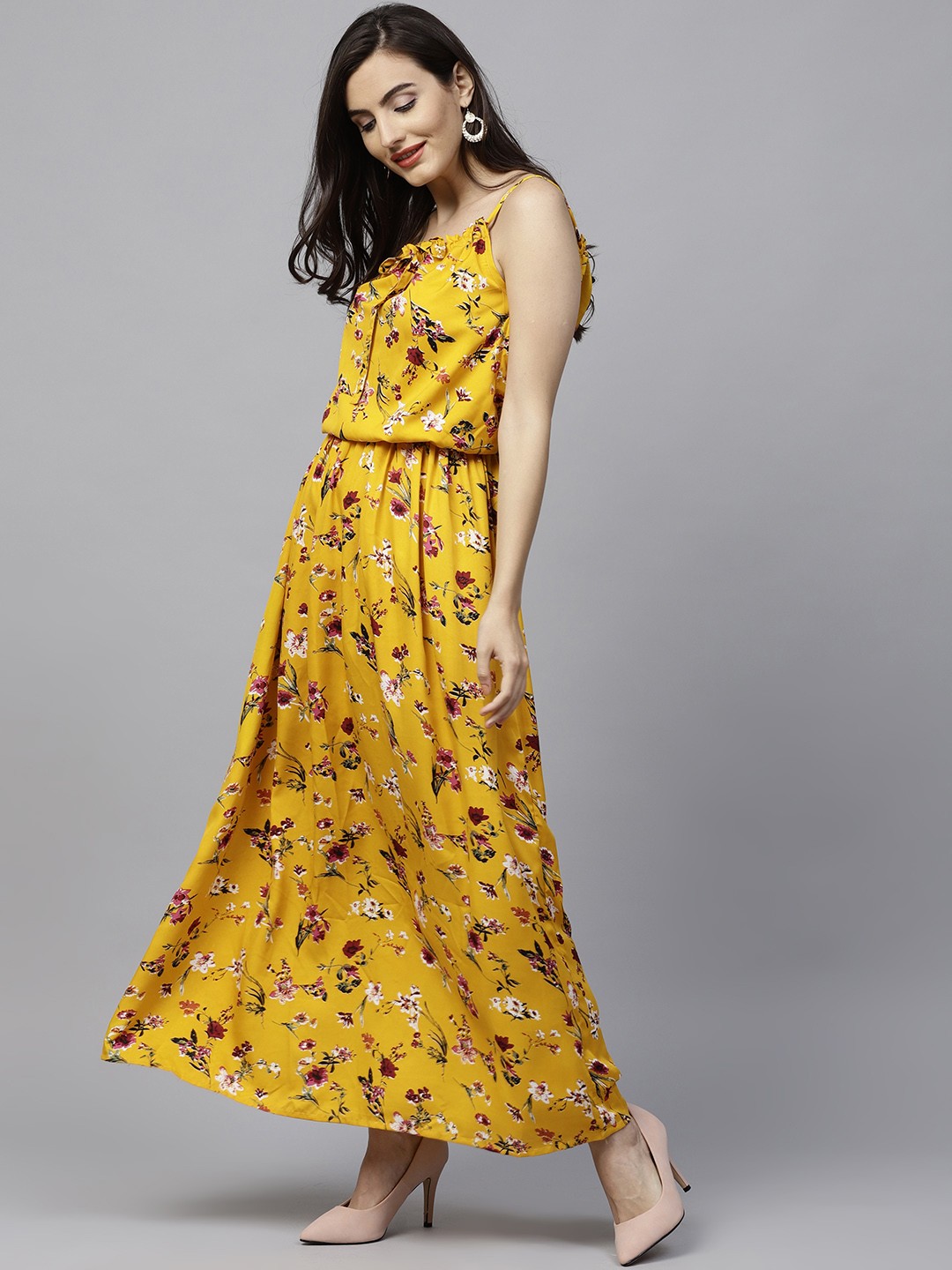 

aasi Women Mustard Yellow Printed Maxi Dress